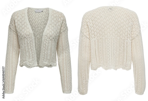 Foto Crochet Sweater  Woman wearing beige knitted cardigan closeup