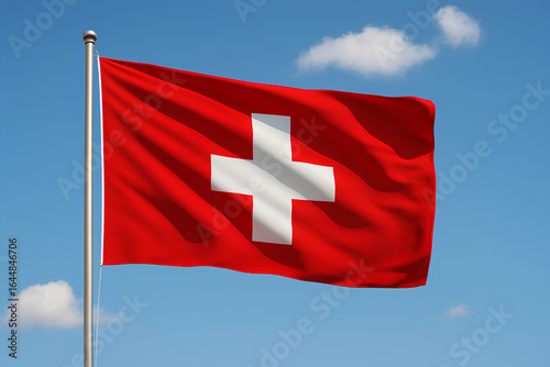 The Swiss flag waves against a bright blue sky with clouds.