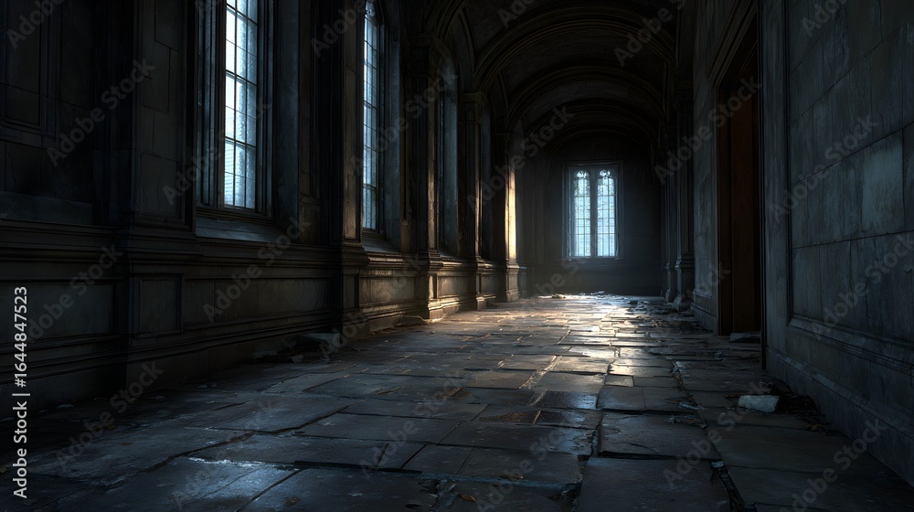 Obraz premium Long, shadowy hallway with sunlight streaming through windows.