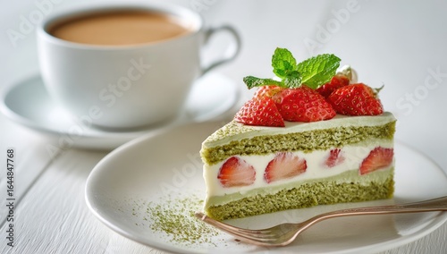A slice of matcha cake layered with strawberries and cream, garnished with fresh mint, sits on a white plate beside a cup of coffee