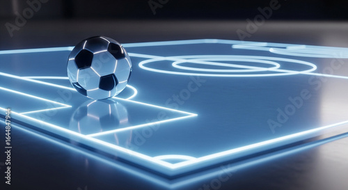 A futuristic soccer ball sits on a glowing blue digital football pitch with illuminated lines.