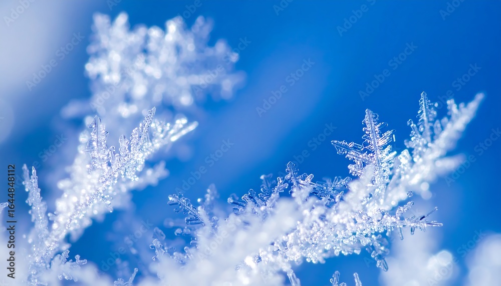 Intricate Macro Photography of Delicate Crystalline Snowflakes Against Blue Sky Intricate Macro Photography of Delicate Crystalline Snowflakes Against Blue Sky