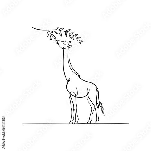 Elegant giraffe reaching for leaves in minimalist line art branch eating