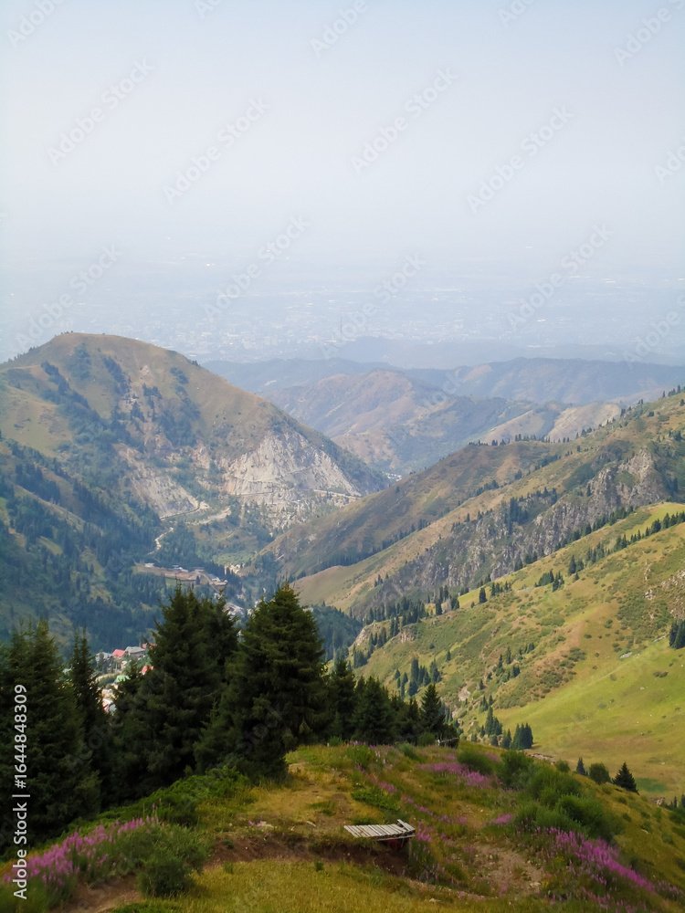 Obraz premium Panoramic view of the city of Almaty, opening from the mountain resort Shymbulak, Kazakhstan