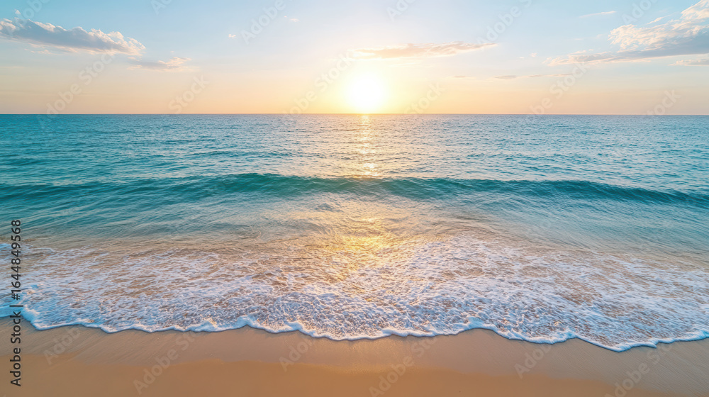 Sunset over calm ocean waves reflecting golden light on sandy beach Sunset over calm ocean waves reflecting golden light on sandy beach