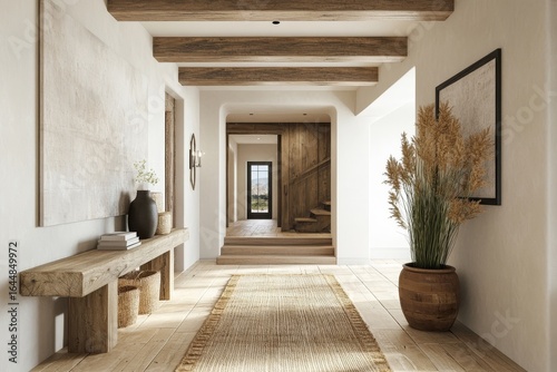 Spacious hallway with a beam ceiling and wooden console table, contributing to rustic modern farmhouse interior design in an entrance hall. 3D rendering, Generative AI