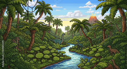 Pixelated Jurassic Landscape with Dinosaurs and Volcano