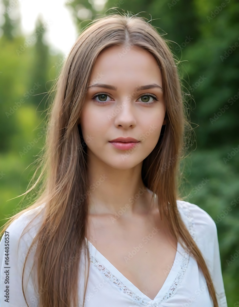 Naklejka premium Woman with long brown hair and a white shirt