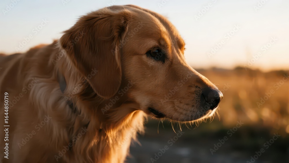 Fototapeta premium Golden retriever strolling in sunset light, side profile with soft fur, warm glow. Peaceful moment of canine grace.