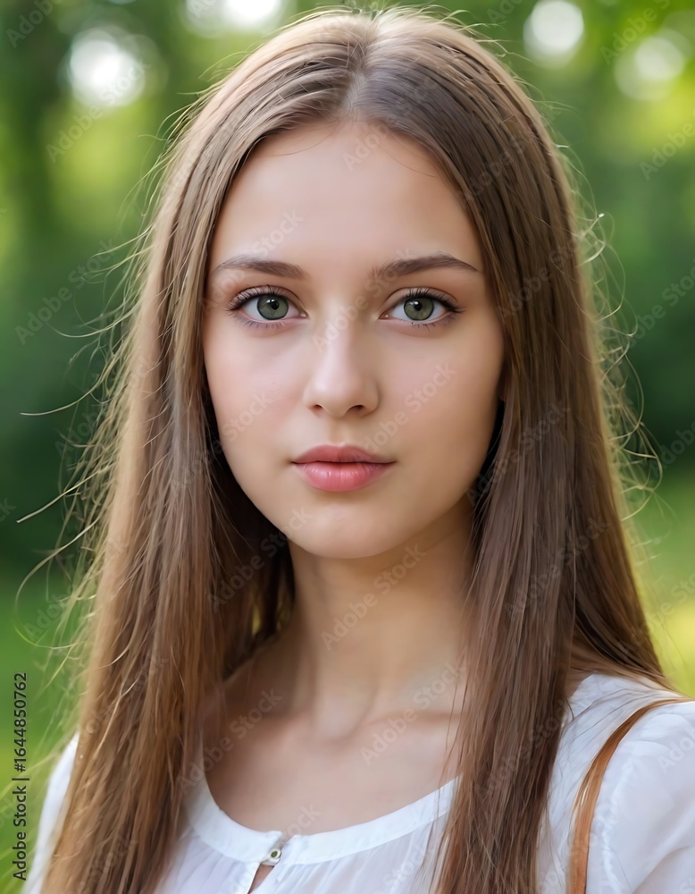 Naklejka premium Woman with long brown hair and green eyes