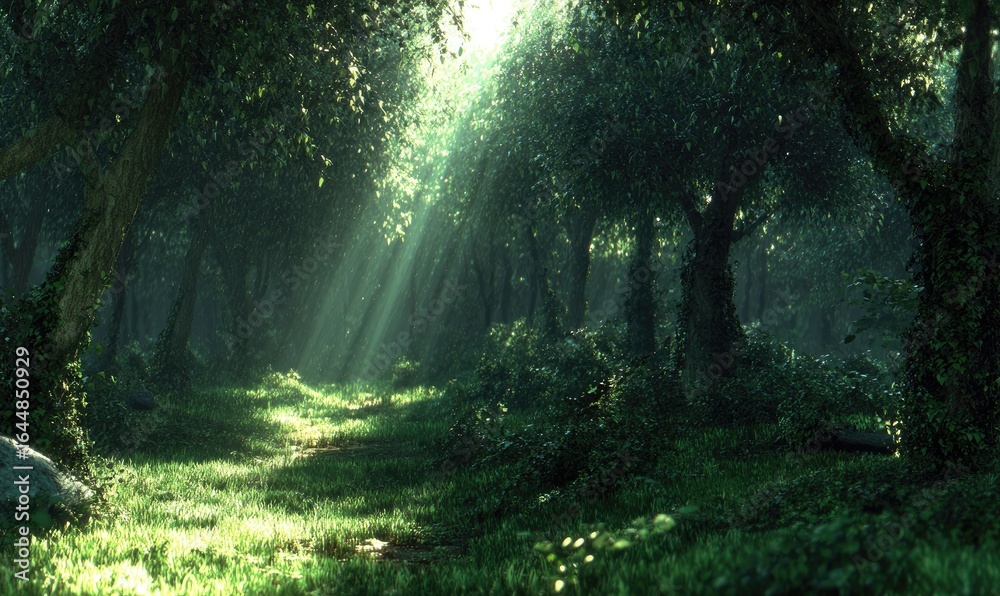 Obraz premium Sunlight streams through lush forest