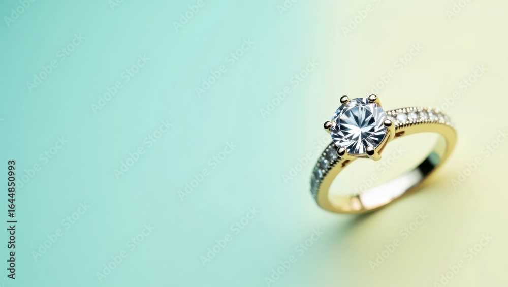 Moissanite Ring. Gold engagement ring with diamond on pastel backgroun Moissanite Ring. Gold engagement ring with diamond on pastel backgroun