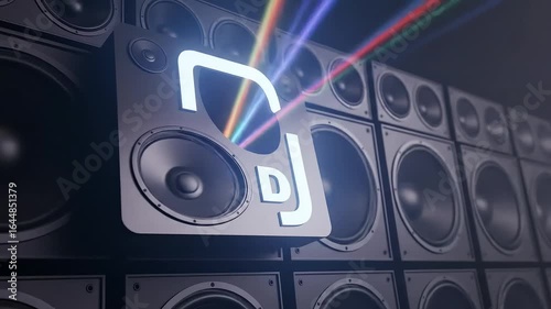 A modern DJ logo is centered on a wall of speakers, radiating colorful light beams.