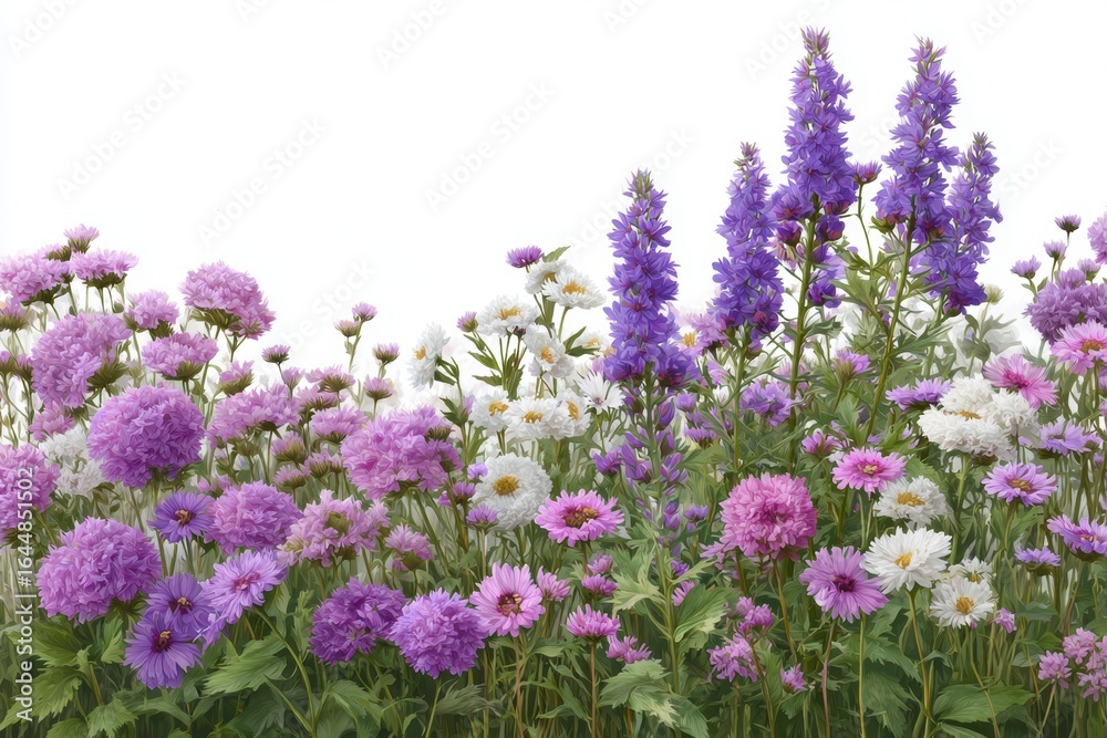 Obraz premium Vibrant purple and pink wildflowers bloom in a lush garden against a bright white background