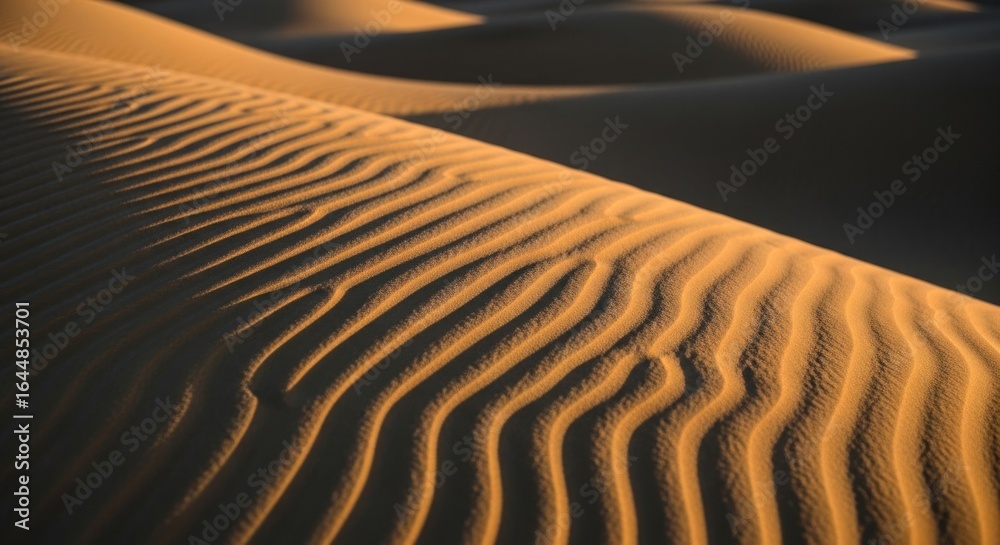 Naklejka premium Rolling desert dunes with rippled texture, bathed in warm, late-day sunlight