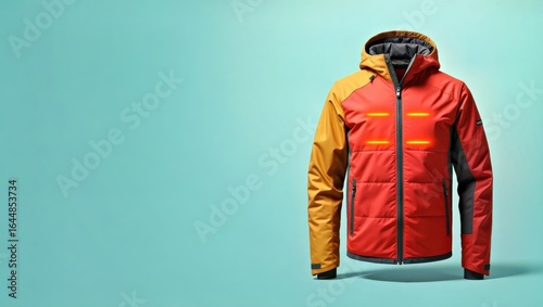 Heated Jacket. Red and orange winter jacket isolated, cold weather gea