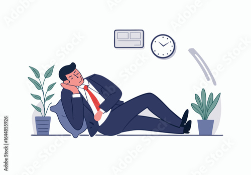 A businessman dozes on a chair in an office, enjoying a power nap. Soft colors and a relaxed atmosphere convey a moment of respite. Suitable for business and wellness themes.
