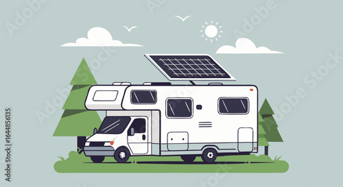 Illustration of a solar-powered RV parked in a scenic forest setting, highlighting sustainable travel and outdoor adventure.
