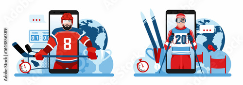Winter sports. Hockey. Ski. Online streaming of winter sports from a smartphone screen. Flat vector illustration
