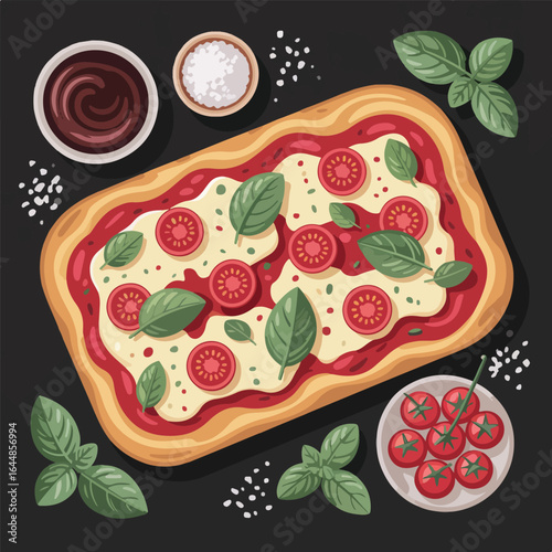 Delicious Flatbread Pizza with Fresh Basil, Cherry Tomatoes, and Mozzarella Cheese, Gourmet Italian Food Illustration