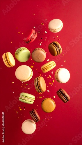Colorful macarons falling against a red background, sprinkled with gold flakes