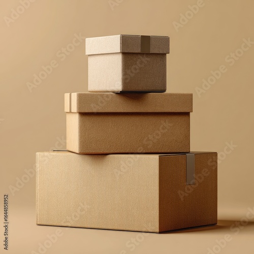 Three stacked cardboard boxes, varying sizes, on a beige background;  top box is smaller, sealed with tape