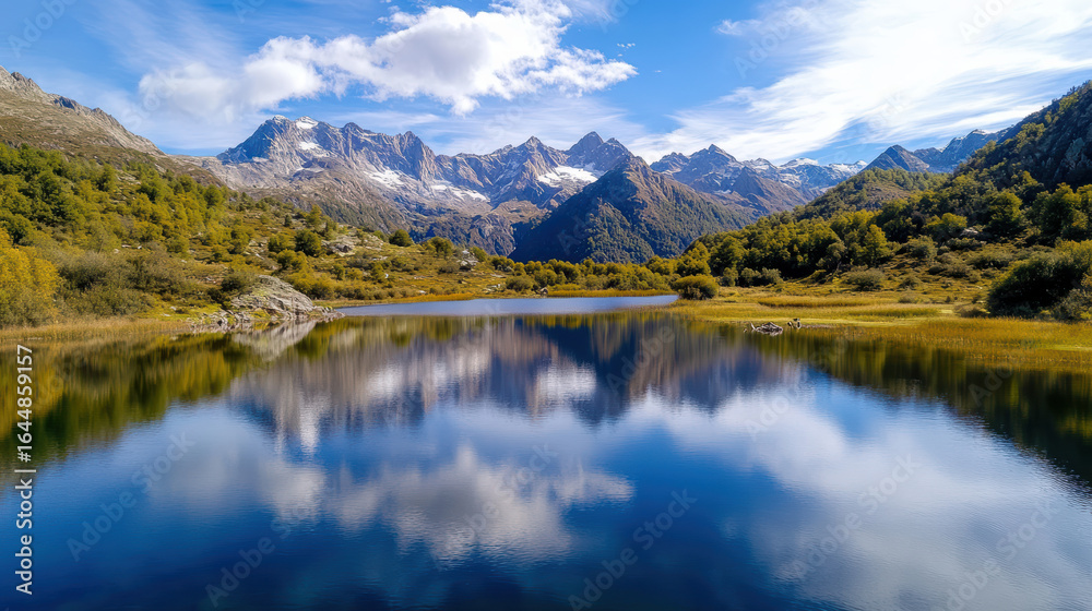 Fototapeta premium Dramatic mountain lake with reflection, surrounded by lush greenery and majestic peaks