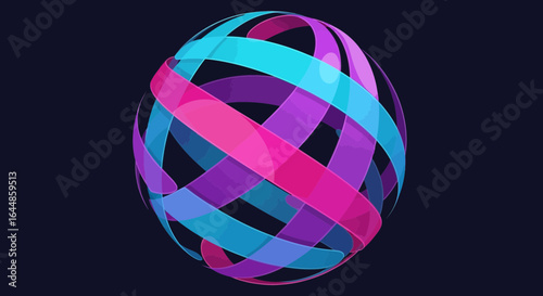 Abstract spherical shape with colorful ribbons on a dark background