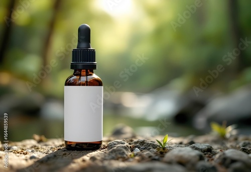 Amber Essential Oil Dropper Bottle on Natural Rock Surface with Forest Background