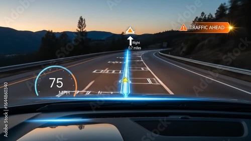 Augmented Reality Navigation: Driving with Heads-Up Display on Highway at Sunset