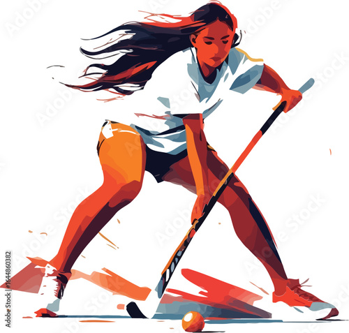 Dynamic Female Field Hockey Player, Abstract Style, Energetic Action Pose, Vibrant Orange and White Color Palette.