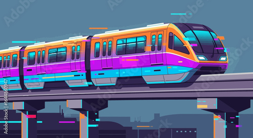 Futuristic automated train gliding above the urban landscape artwork