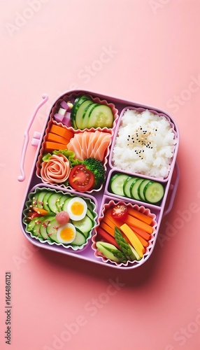 Cute Japanese Bento Box with Assorted Vegetables and Rice on Pink Background