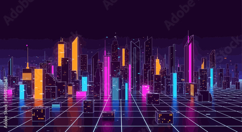Futuristic Neon Cityscape Glow in Retro Style Design Background