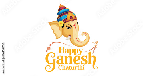 happy ganesh chaturthi greeting card with lord ganesha illustration, decorative crown, festive message, hindu religious celebration design