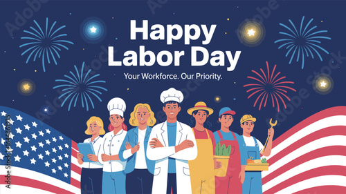 happy labor day illustration with diverse american workers, fireworks, usa flag background, honoring workforce contribution and unity