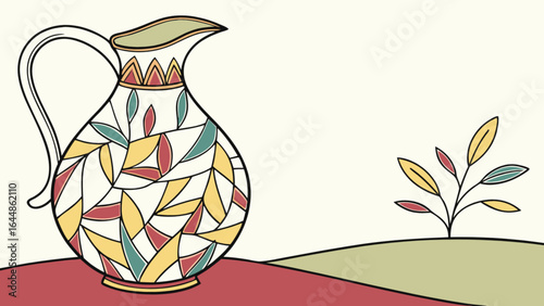 Still life painting of a decorative pitcher with leaves modern art vintage style home decor art print design