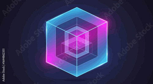 Neon illuminated cube gradient with geometric symmetry and depth illusion