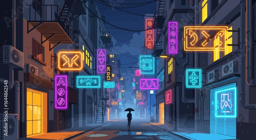 Nighttime wanderer under neon lights in a moody urban streetscape