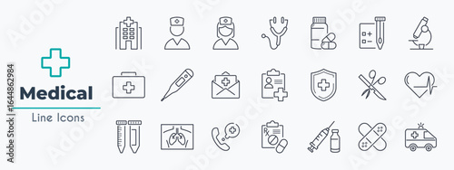 Medical clinic line icon set. Hospital, doctor, nurse, ambulance, first aid kit vector illustration. Simple outline sings for treatment and healthcare. Editable Stroke.