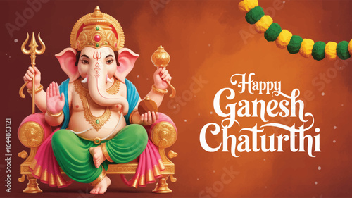 lord ganesha seated with trident and modak, festive ganesh chaturthi greeting card with floral garland, orange background, hindu celebration