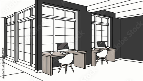 Modern office space design with desks chairs and large windows for remote work and home office setup