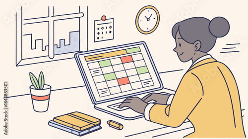 Woman planning schedule on laptop for time management and task management at home office desk online