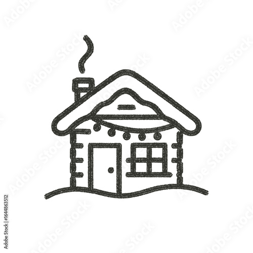 Winter cabin with lights and smoke coming from the chimney  