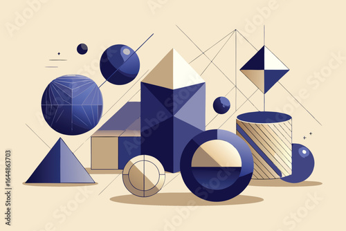 Abstract composition of geometric shapes showcasing an artful arrangement of spheres cylinders and triangles in blue and beige