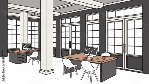 Office interior design illustration with desks chairs and computers in a modern workspace area
