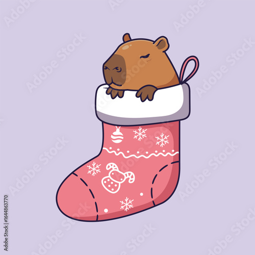 Cute capybara in a Christmas stocking. Vector illustration