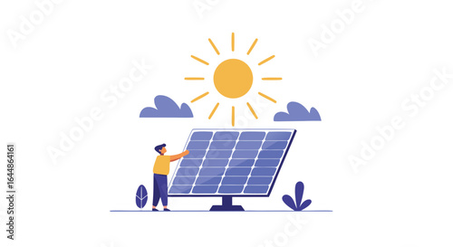 Illustration of a person examining a solar panel under a bright sun, representing renewable energy and sustainability.
