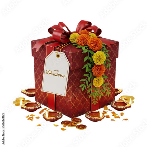 Festive gift box decorated with flowers and diyas isolated on transparent background