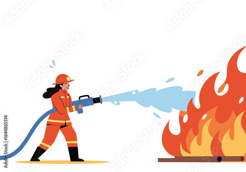 Female firefighter battles a raging fire with a powerful water stream. Dynamic action shot, vibrant colors, and a clear composition. Suitable for commercial use.
